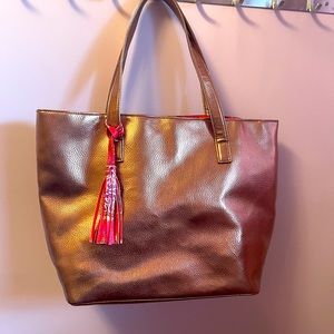 Bronze Tote Bag with Pink Tassle
